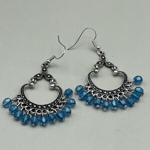 Elegant Silver toned and Blue Chandelier Earrings